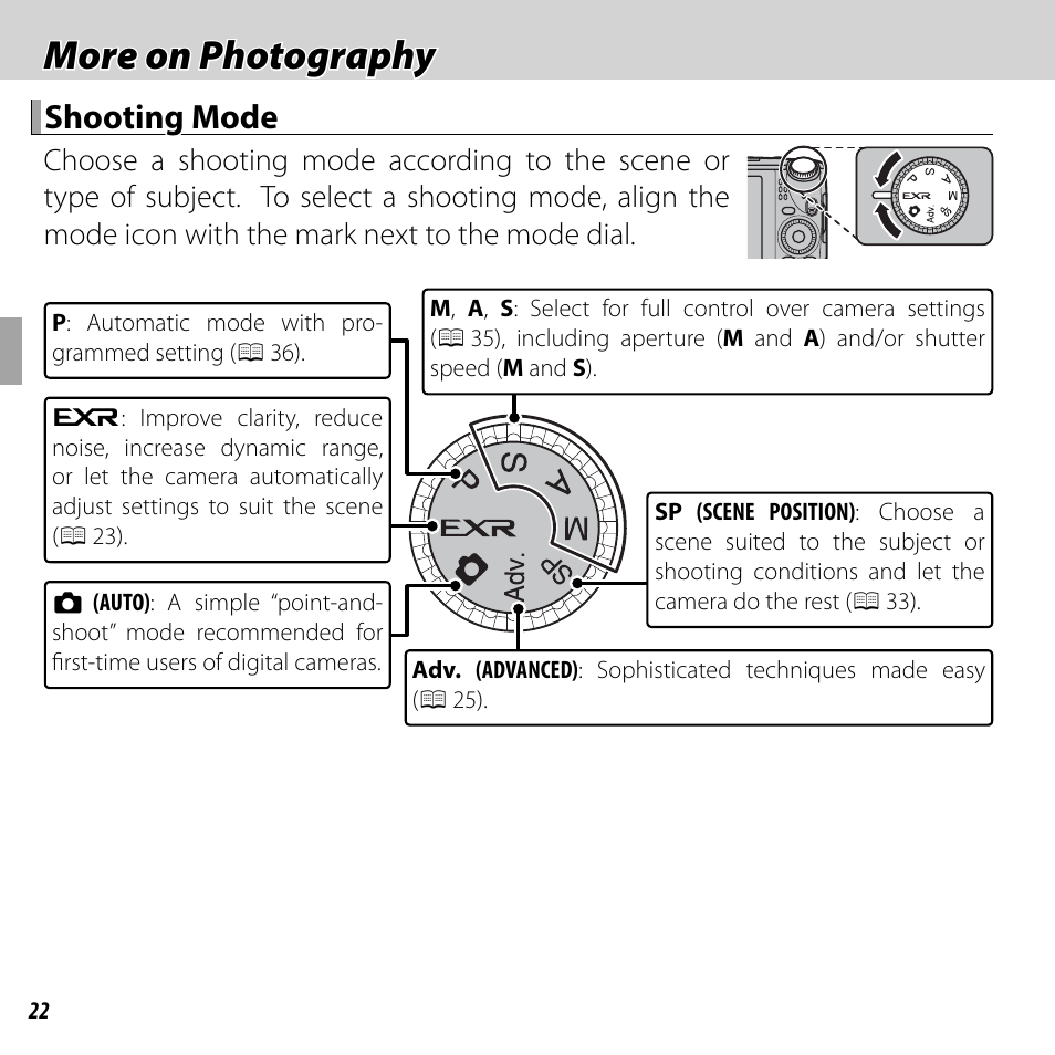 More on photography, Shooting mode | FujiFilm DIGITAL CAMERA FINEPIX F800EXR User Manual | Page 40 / 171