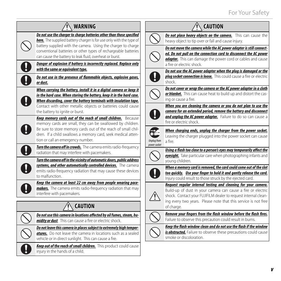 Vfor your safety warning warning, Caution caution | FujiFilm DIGITAL CAMERA FINEPIX F800EXR User Manual | Page 5 / 171