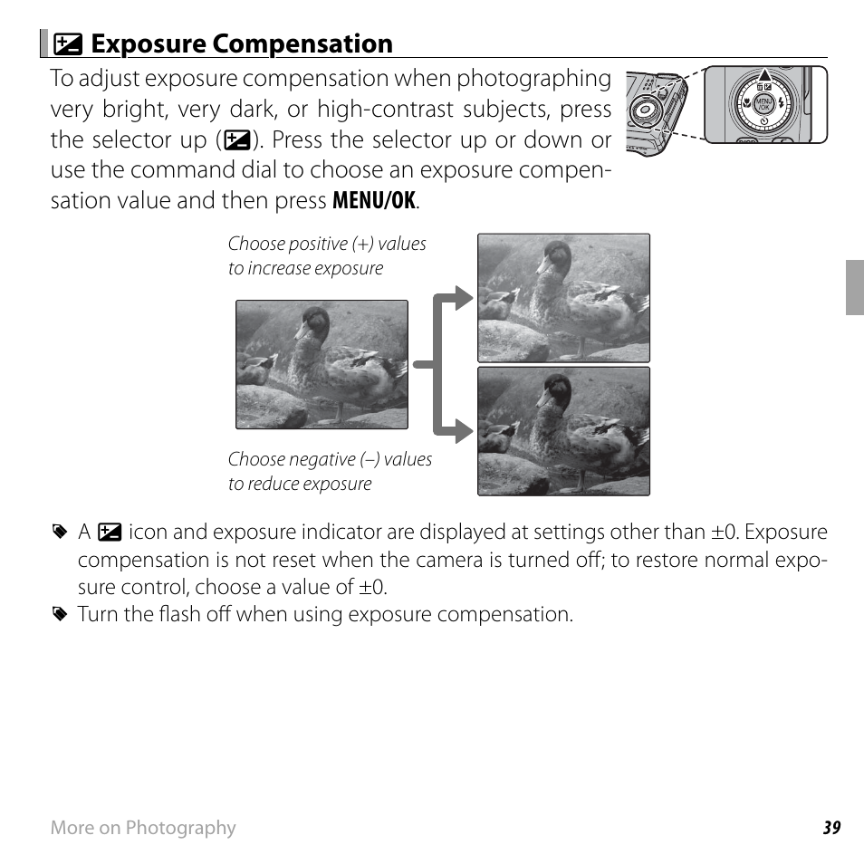 D d exposure compensation exposure compensation | FujiFilm DIGITAL CAMERA FINEPIX F800EXR User Manual | Page 57 / 171