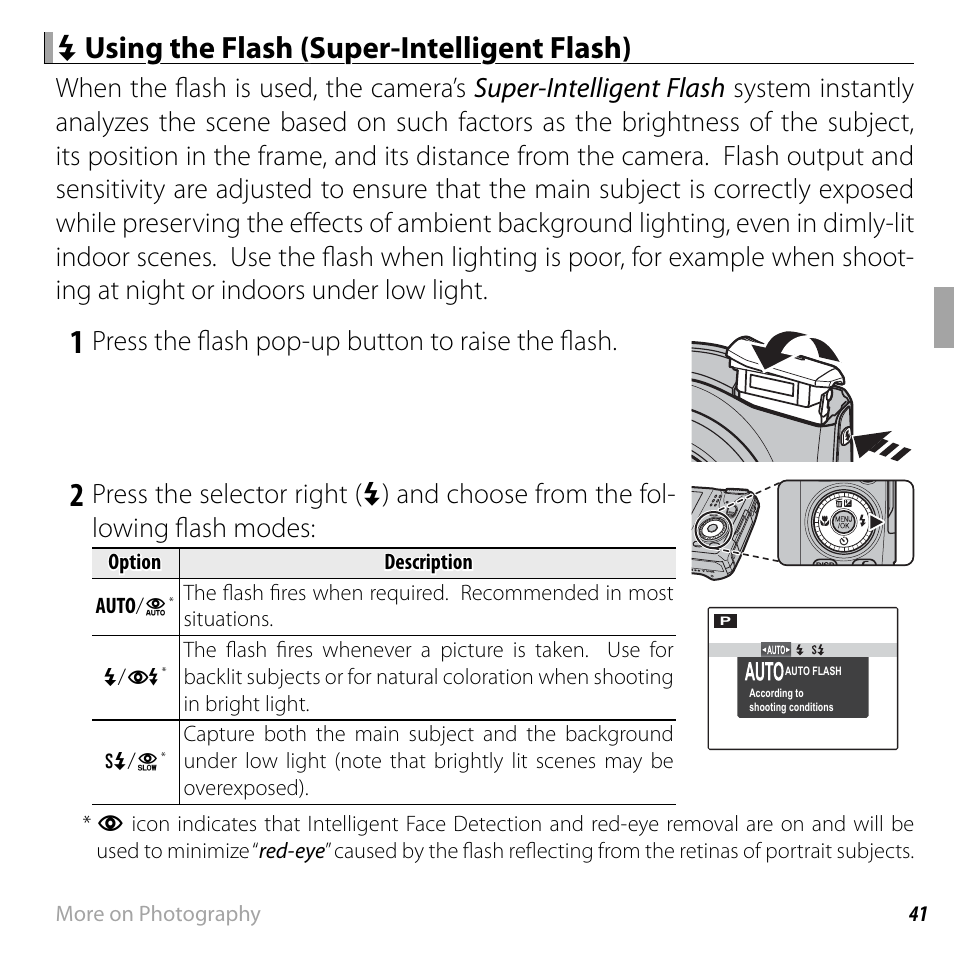 Press the fl ash pop-up button to raise the fl ash | FujiFilm DIGITAL CAMERA FINEPIX F800EXR User Manual | Page 59 / 171