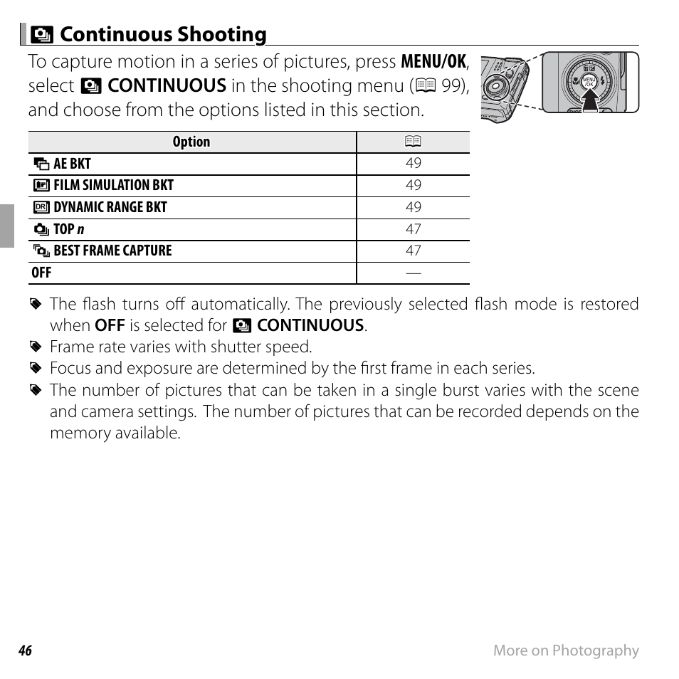 R r continuous shooting continuous shooting | FujiFilm DIGITAL CAMERA FINEPIX F800EXR User Manual | Page 64 / 171