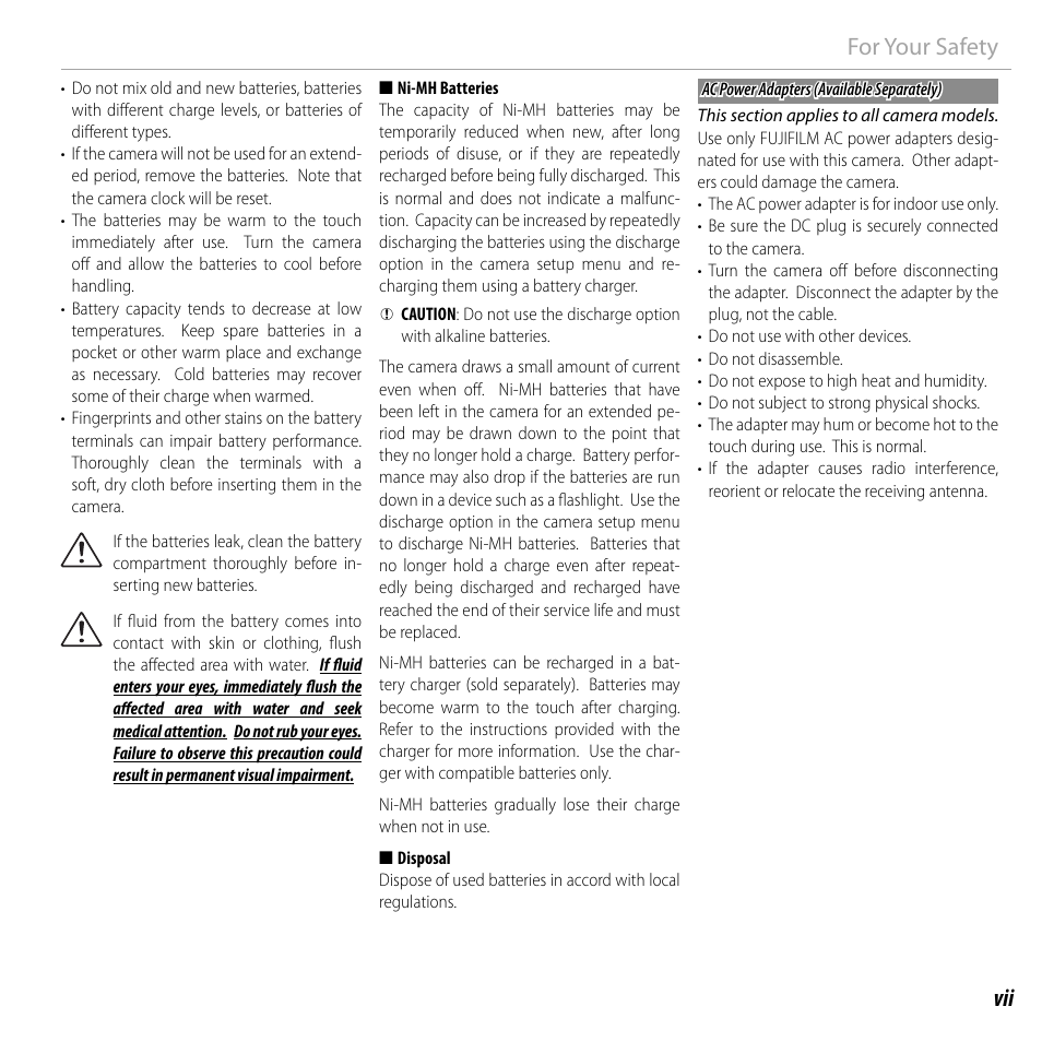 Vii for your safety | FujiFilm DIGITAL CAMERA FINEPIX F800EXR User Manual | Page 7 / 171
