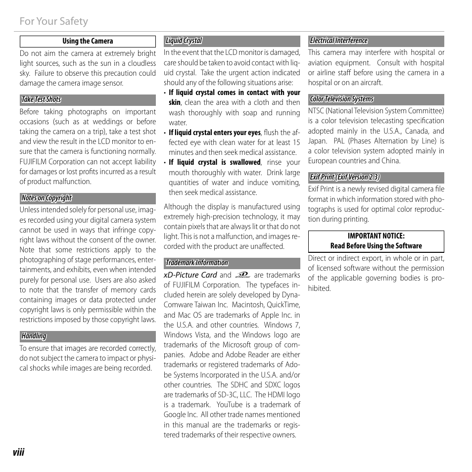 Viii for your safety | FujiFilm DIGITAL CAMERA FINEPIX F800EXR User Manual | Page 8 / 171