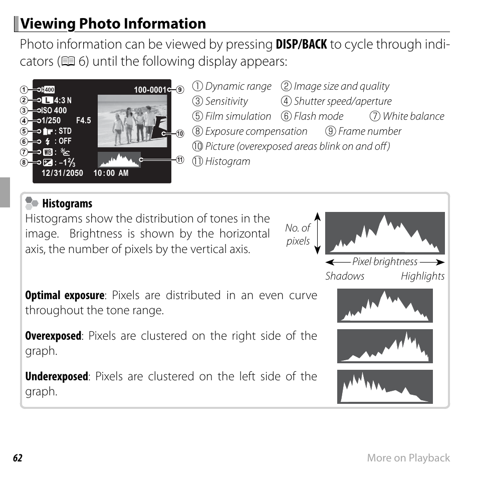 Viewing photo information, 6) until the following display appears, Histograms | FujiFilm DIGITAL CAMERA FINEPIX F800EXR User Manual | Page 80 / 171