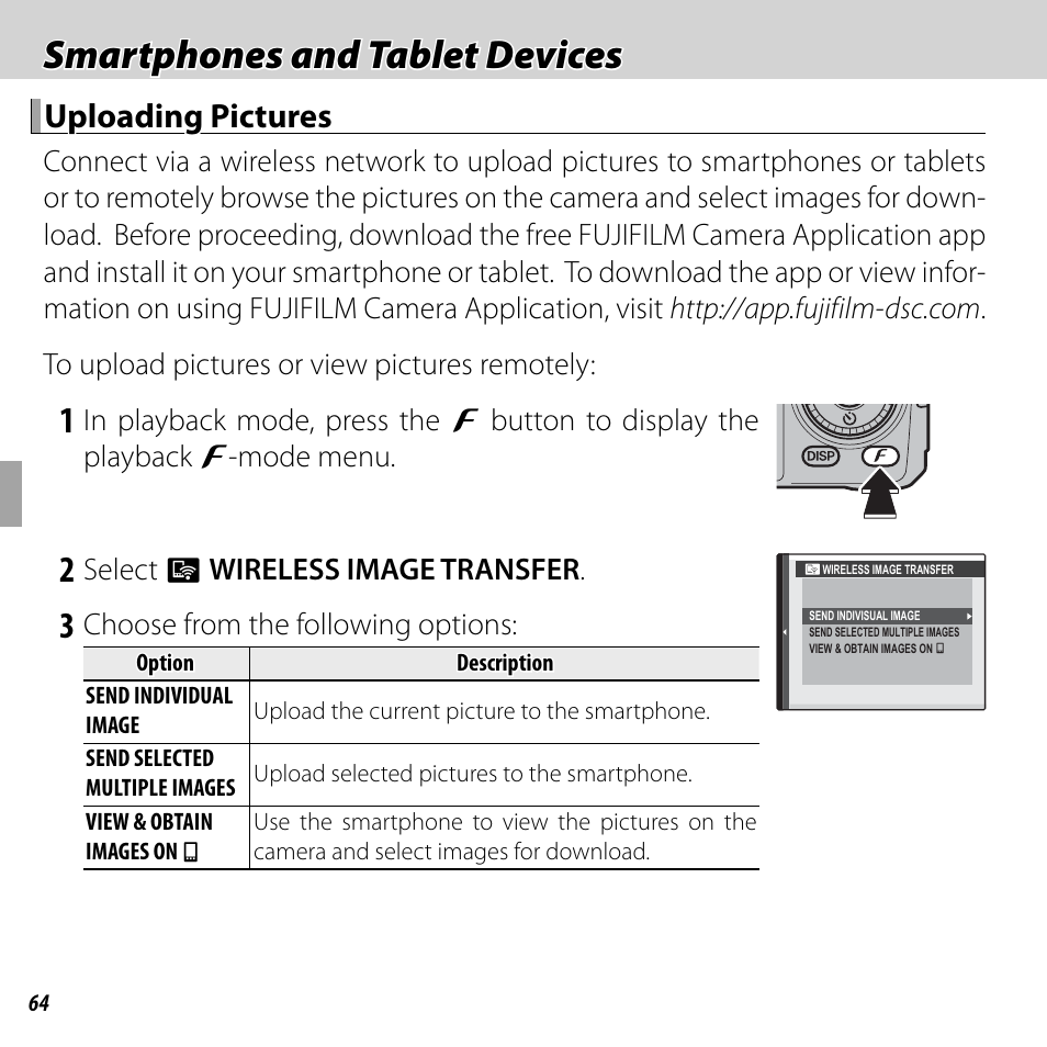 Smartphones and tablet devices, Uploading pictures, Select q wireless image transfer | Choose from the following options | FujiFilm DIGITAL CAMERA FINEPIX F800EXR User Manual | Page 82 / 171
