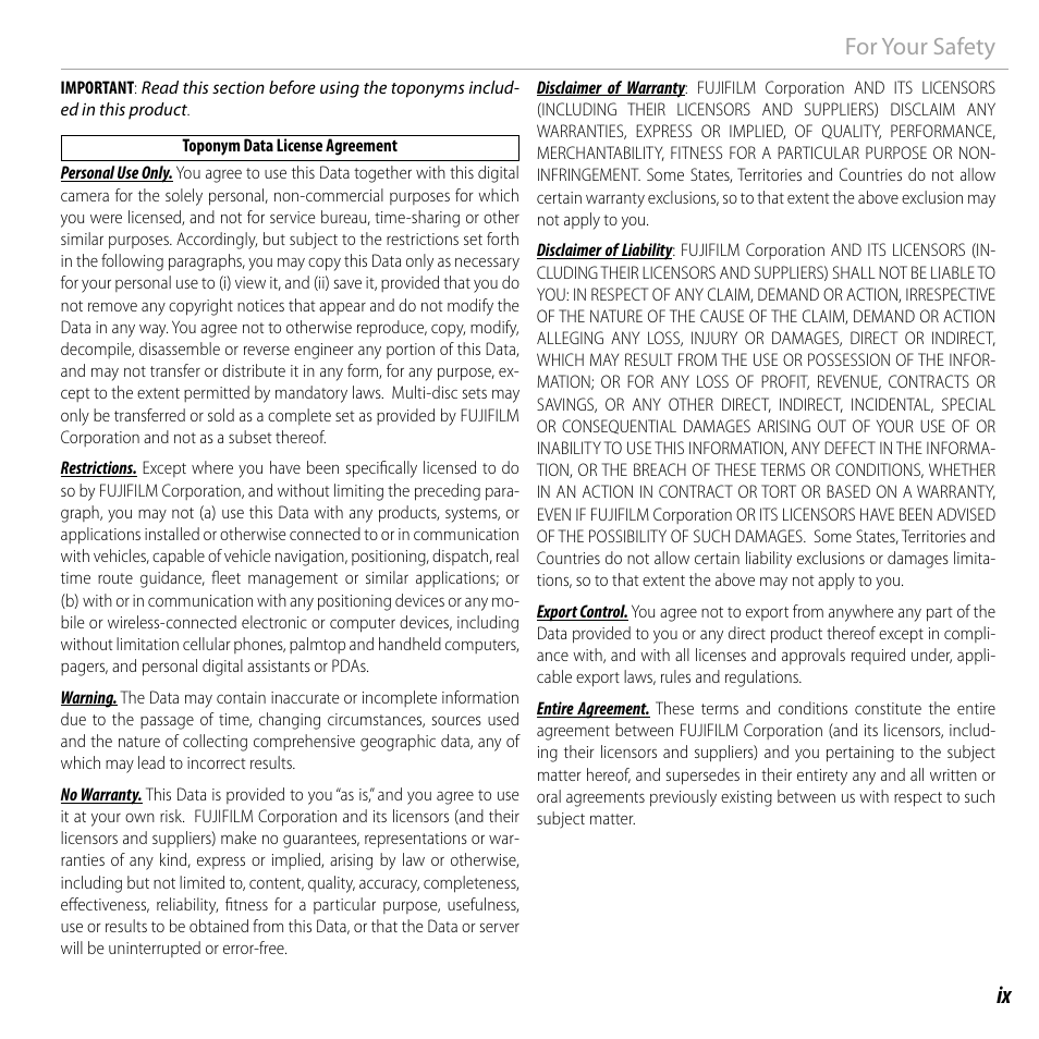 Ix for your safety | FujiFilm DIGITAL CAMERA FINEPIX F800EXR User Manual | Page 9 / 171