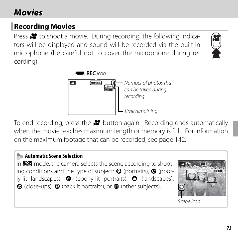 Movies, Recording movies, Automatic scene selection | FujiFilm DIGITAL CAMERA FINEPIX F800EXR User Manual | Page 91 / 171