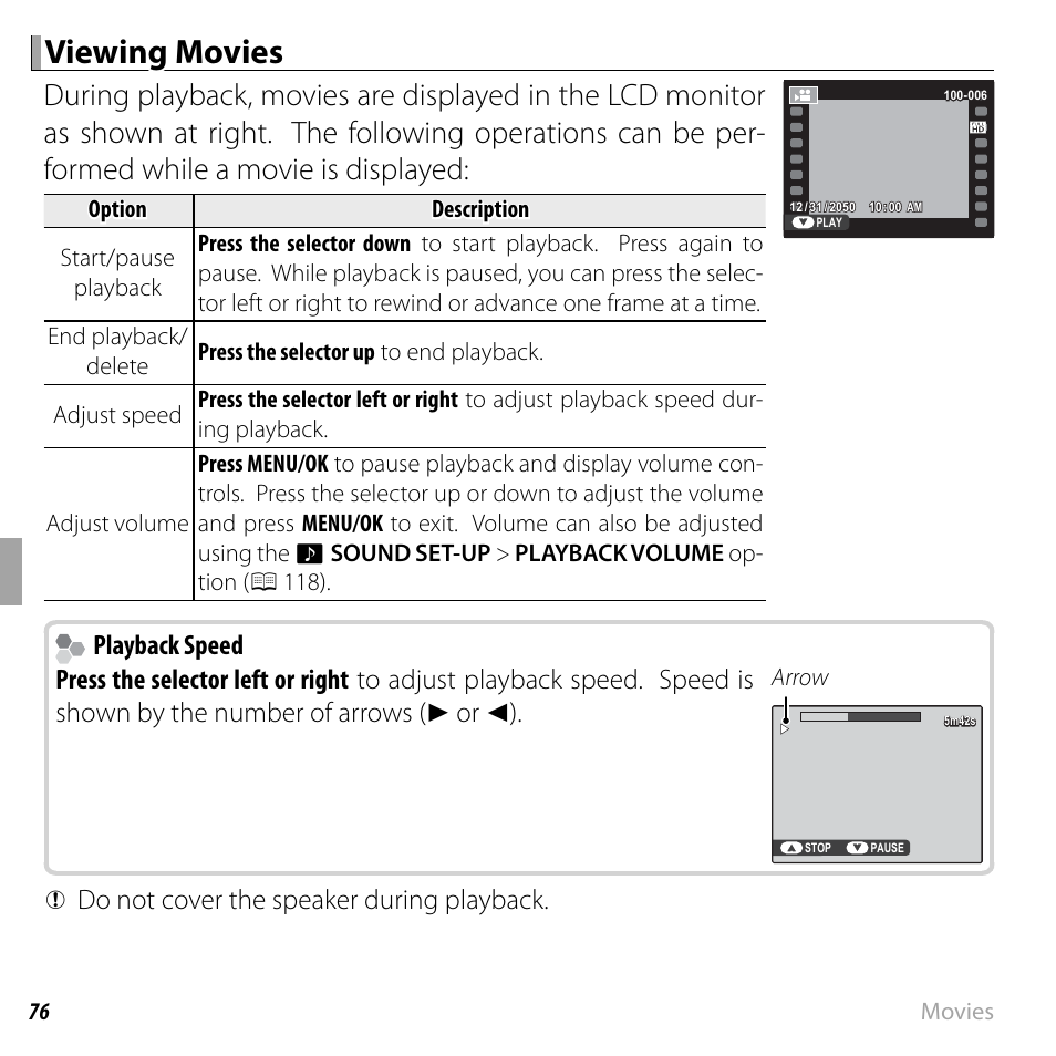 Viewing movies, Playback speed, Q do not cover the speaker during playback | FujiFilm DIGITAL CAMERA FINEPIX F800EXR User Manual | Page 94 / 171