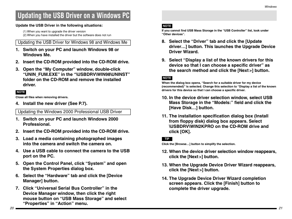 Updating the usb driver on a windows pc, Updating the windows 2000 professional usb driver | FujiFilm BB10768-301(1) User Manual | Page 11 / 21