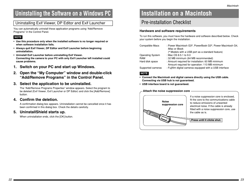 Uninstalling the software on a windows pc, Installation on a macintosh, Pre-installation checklist | Confirm the deletion, Uninstallshield starts up | FujiFilm BB10768-301(1) User Manual | Page 12 / 21