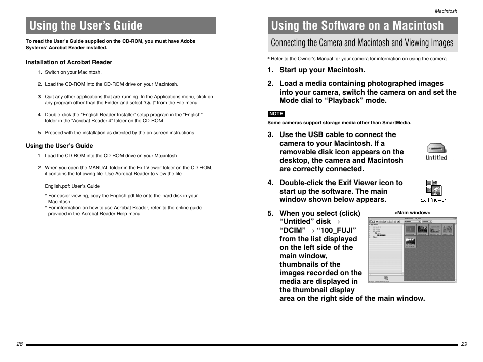 Using the user’s guide, Installation of acrobat reader, Using the software on a macintosh | FujiFilm BB10768-301(1) User Manual | Page 15 / 21