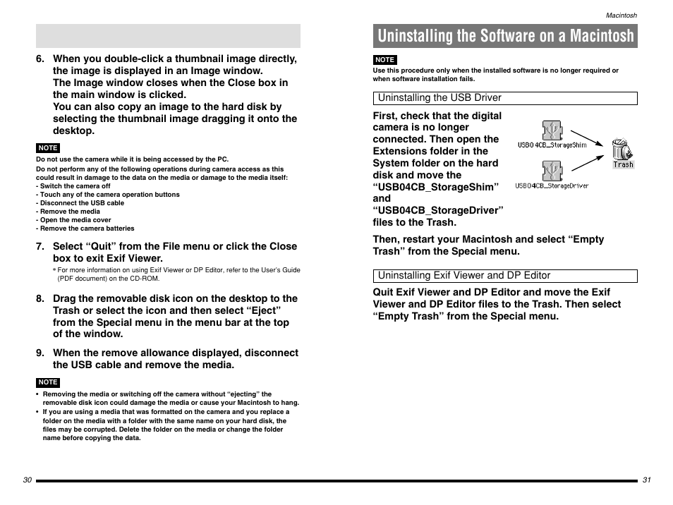 Uninstalling the software on a macintosh, Uninstalling the usb driver, Uninstalling exif viewer and dp editor | FujiFilm BB10768-301(1) User Manual | Page 16 / 21