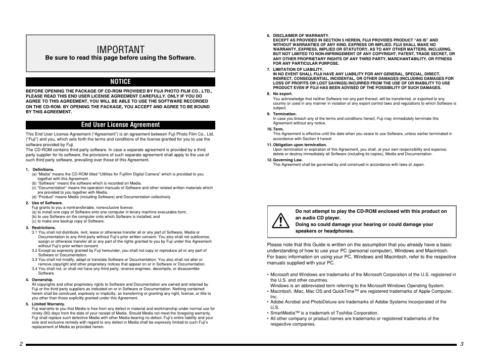 Important, Notice, End user license agreement | FujiFilm BB10768-301(1) User Manual | Page 2 / 21