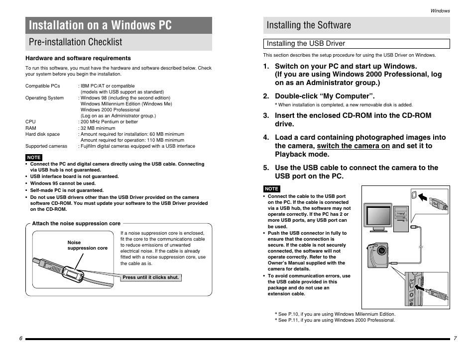 Installation on a windows pc, Pre-installation checklist, Installing the software | Installing the usb driver, Pre-installation checklist installing the software | FujiFilm BB10768-301(1) User Manual | Page 4 / 21