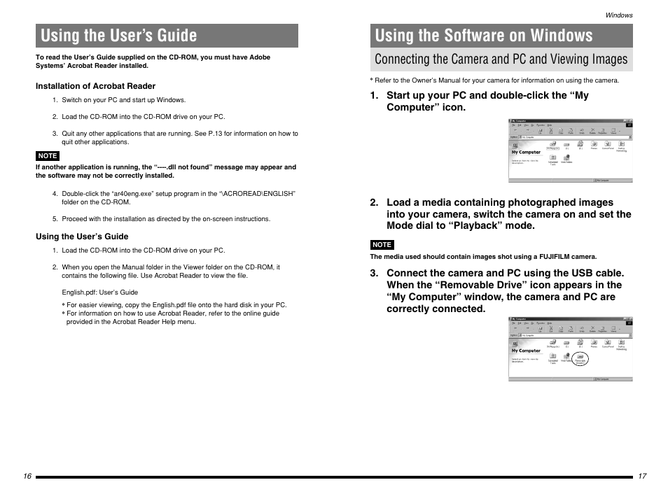 Using the user’s guide, Installation of acrobat reader, Using the software on windows | Connecting the camera and pc and viewing images | FujiFilm BB10768-301(1) User Manual | Page 9 / 21