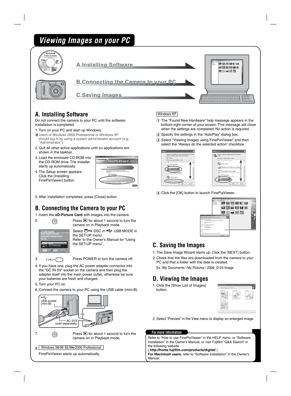 Viewing images on your pc, A. installing software, B. connecting the camera to your pc | C. saving the images, D. viewing the images, A.installing software | FujiFilm FinePix A400 User Manual | Page 2 / 2