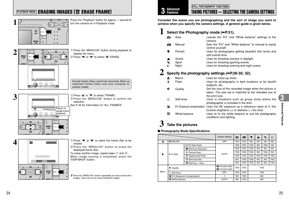 Erasing images ( o erase frame), Taking pictures — selecting the camera settings | FujiFilm A330 User Manual | Page 13 / 47