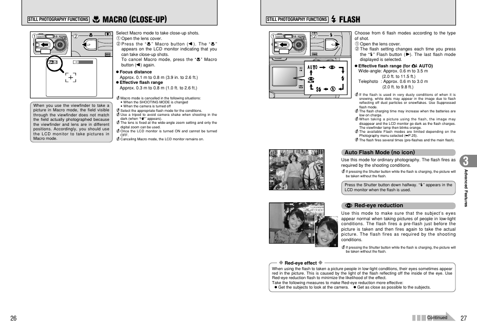 D flash, E macro (close-up) | FujiFilm A330 User Manual | Page 14 / 47