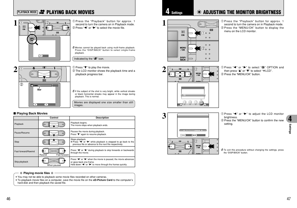 6 adjusting the monitor brightness, R playing back movies | FujiFilm A330 User Manual | Page 24 / 47