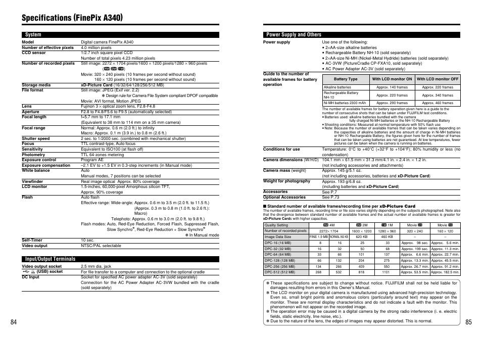 Specifications (finepix a340) | FujiFilm A330 User Manual | Page 43 / 47