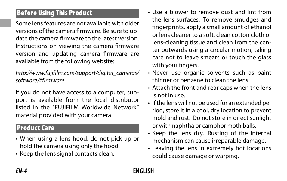 Before using this product, Product care | FujiFilm XF14MMF2.8 R User Manual | Page 12 / 128