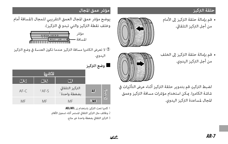 ﺰﻴﻛﱰﻟا ﺔﻘﻠﺣ, لﺎﺠﳌا ﻖﻤﻋ ﴍﺆﻣ | FujiFilm XF14MMF2.8 R User Manual | Page 121 / 128