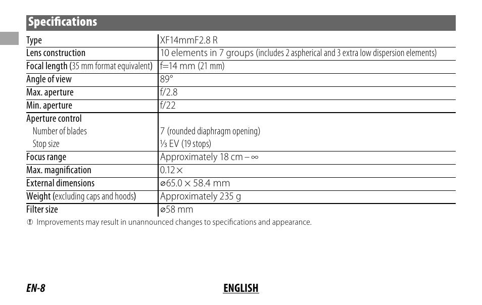 Specifi cations | FujiFilm XF14MMF2.8 R User Manual | Page 16 / 128