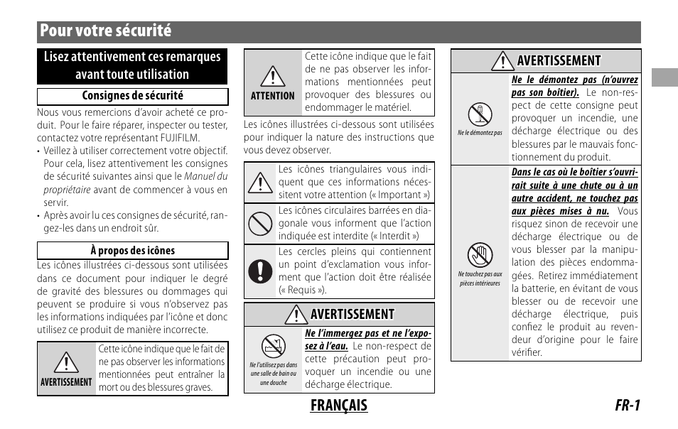 Pour votre sécurité, Fr-1 français | FujiFilm XF14MMF2.8 R User Manual | Page 17 / 128