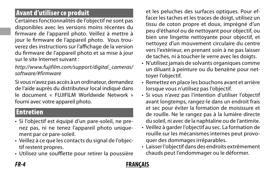 Avant d’utiliser ce produit, Entretien | FujiFilm XF14MMF2.8 R User Manual | Page 20 / 128