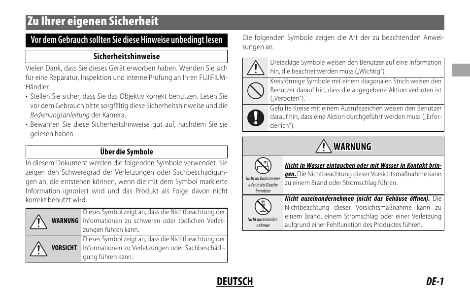 Zu ihrer eigenen sicherheit, De-1 deutsch | FujiFilm XF14MMF2.8 R User Manual | Page 25 / 128