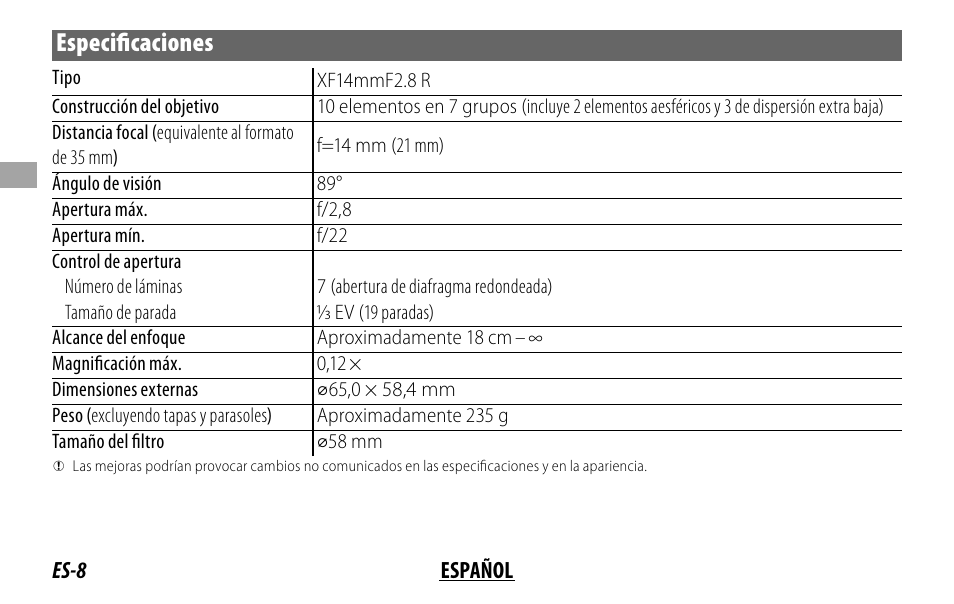 Especifi caciones | FujiFilm XF14MMF2.8 R User Manual | Page 40 / 128