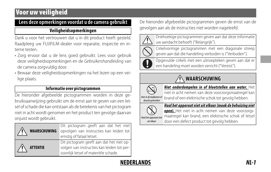 Voor uw veiligheid, Nl-1 nederlands | FujiFilm XF14MMF2.8 R User Manual | Page 41 / 128