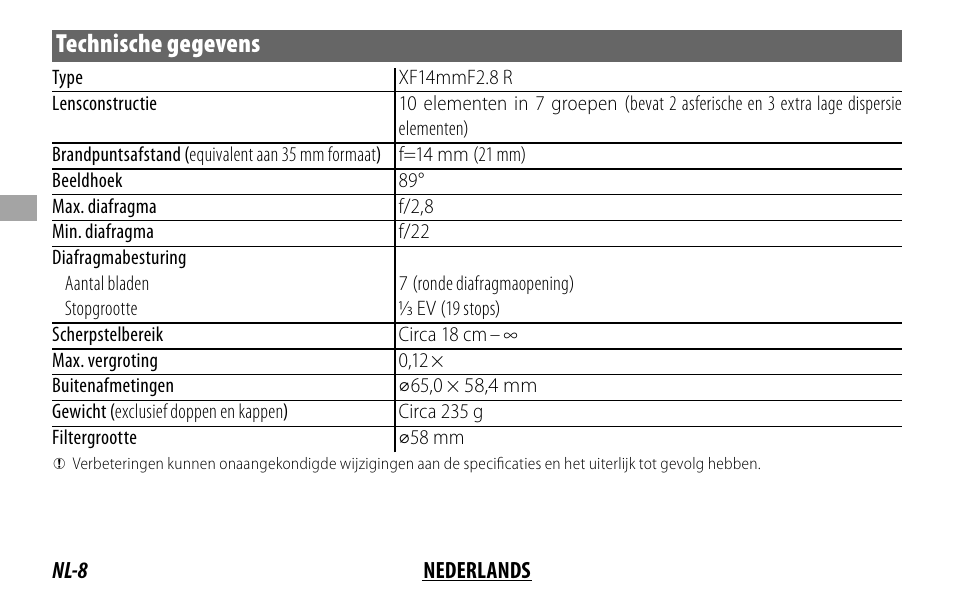 Technische gegevens | FujiFilm XF14MMF2.8 R User Manual | Page 48 / 128