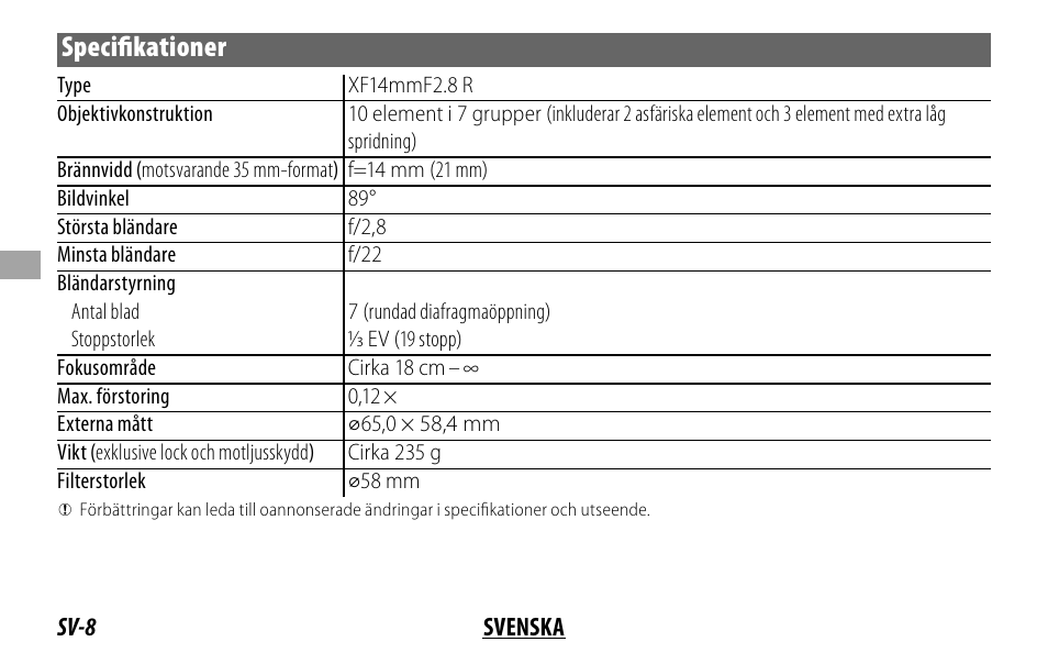 Specifi kationer | FujiFilm XF14MMF2.8 R User Manual | Page 56 / 128