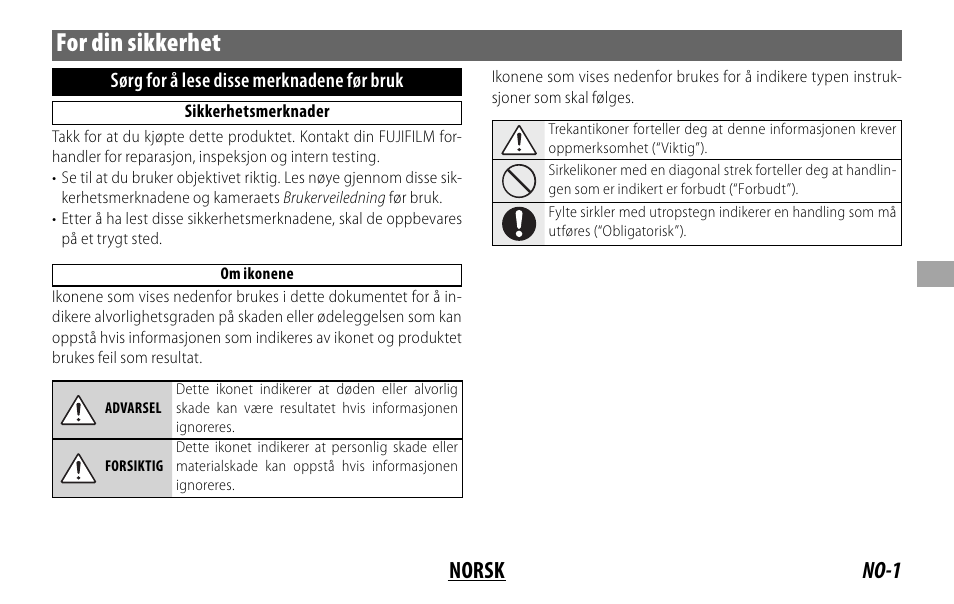 For din sikkerhet | FujiFilm XF14MMF2.8 R User Manual | Page 57 / 128