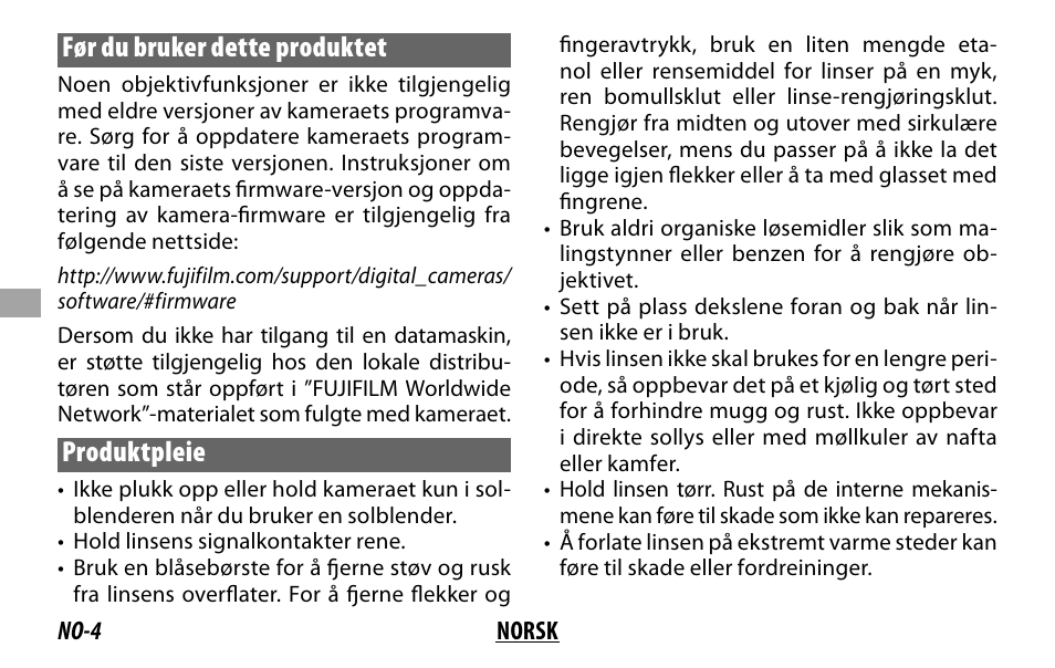 Før du bruker dette produktet, Produktpleie | FujiFilm XF14MMF2.8 R User Manual | Page 60 / 128