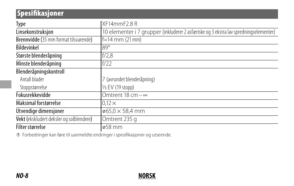 Spesifi kasjoner | FujiFilm XF14MMF2.8 R User Manual | Page 64 / 128