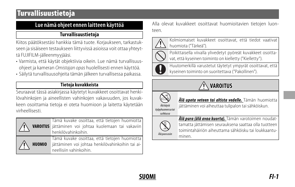 Turvallisuustietoja, Fi-1 suomi | FujiFilm XF14MMF2.8 R User Manual | Page 65 / 128