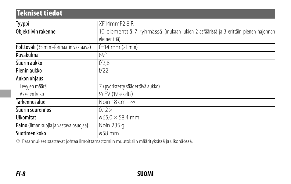 Tekniset tiedot | FujiFilm XF14MMF2.8 R User Manual | Page 72 / 128