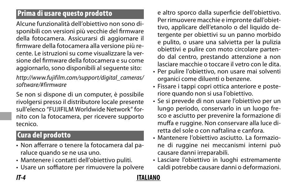 Prima di usare questo prodotto, Cura del prodotto | FujiFilm XF14MMF2.8 R User Manual | Page 84 / 128