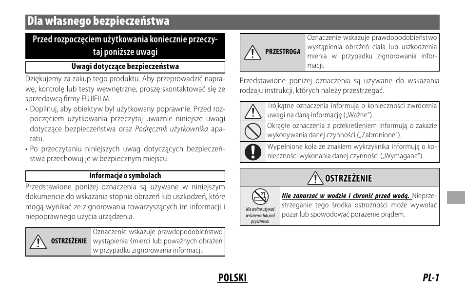 Dla własnego bezpieczeństwa, Pl-1 polski | FujiFilm XF14MMF2.8 R User Manual | Page 89 / 128