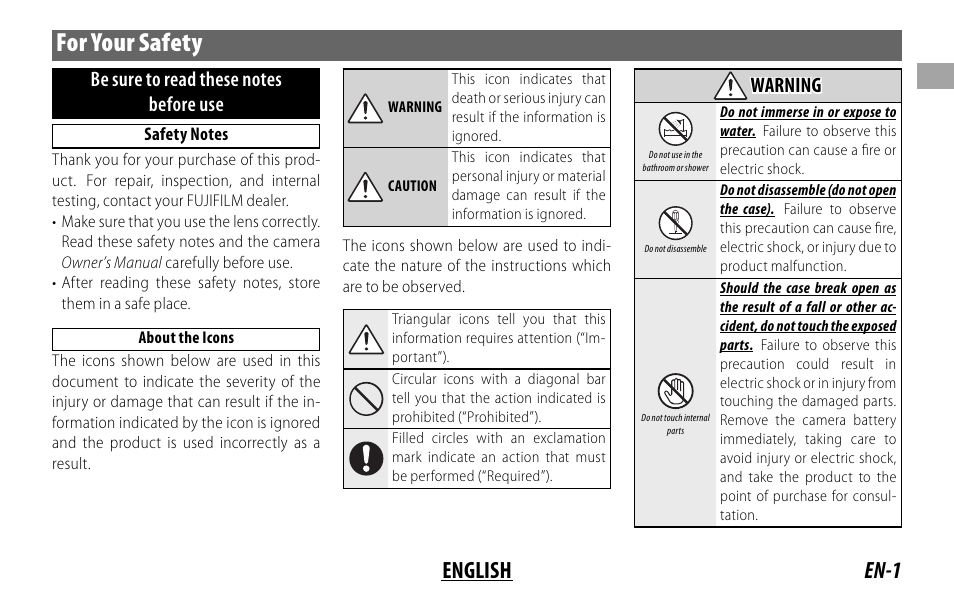 For your safety, En-1 english | FujiFilm XF14MMF2.8 R User Manual | Page 9 / 128