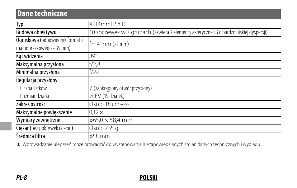 Dane techniczne | FujiFilm XF14MMF2.8 R User Manual | Page 96 / 128