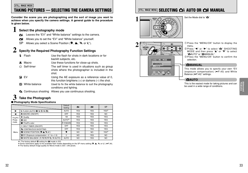 Taking pictures — selecting the camera settings, Selecting a auto or s manual | FujiFilm A310 User Manual | Page 17 / 43