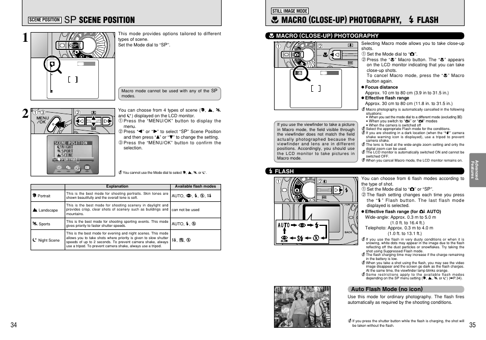 E macro (close-up) photography, d flash, Scene position | FujiFilm A310 User Manual | Page 18 / 43