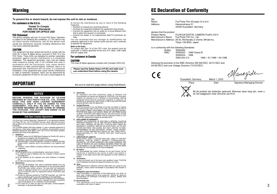 Warning ec declaration of conformity, Important | FujiFilm A310 User Manual | Page 2 / 43