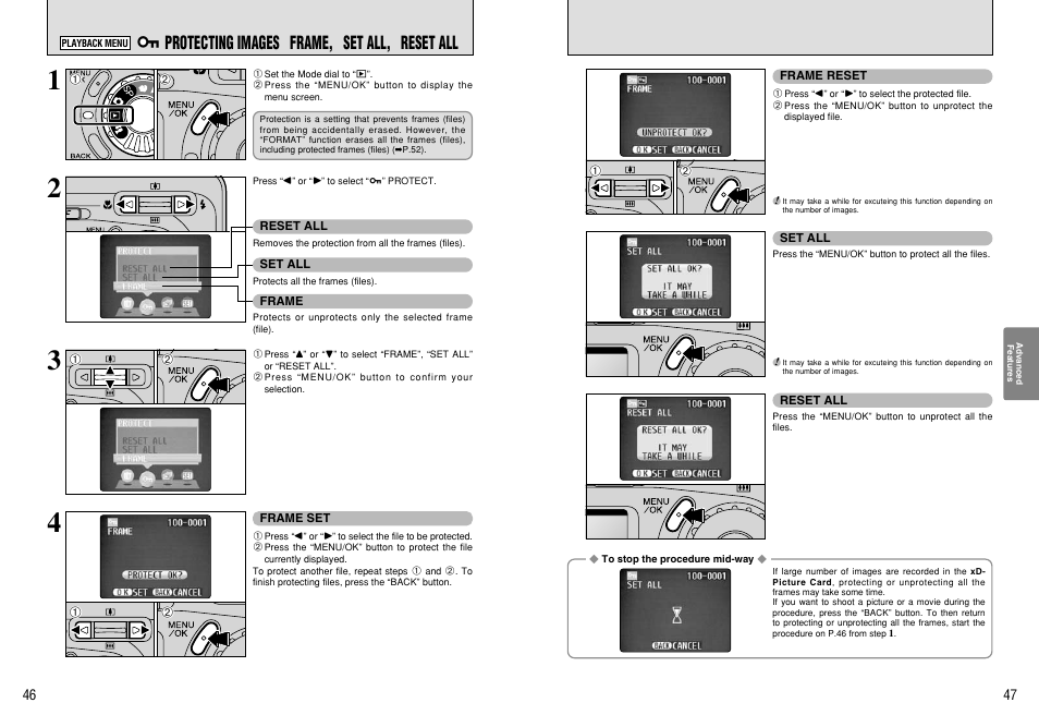 I protecting images frame, set all, reset all | FujiFilm A310 User Manual | Page 24 / 43