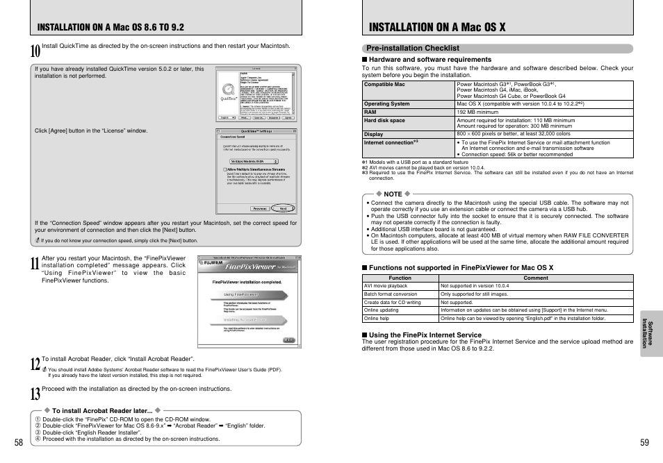 Installation on a mac os x, Installation on a mac os 8.6 to 9.2 | FujiFilm A310 User Manual | Page 30 / 43