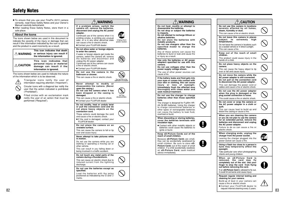 83 82 caution, Warning | FujiFilm A310 User Manual | Page 42 / 43