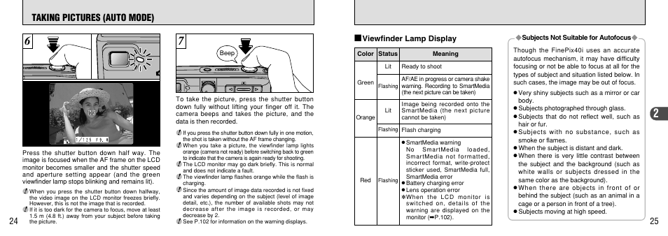 Iewfinder lamp, P.25), Taking pictures (auto mode) | FujiFilm FinePix 40i User Manual | Page 13 / 58